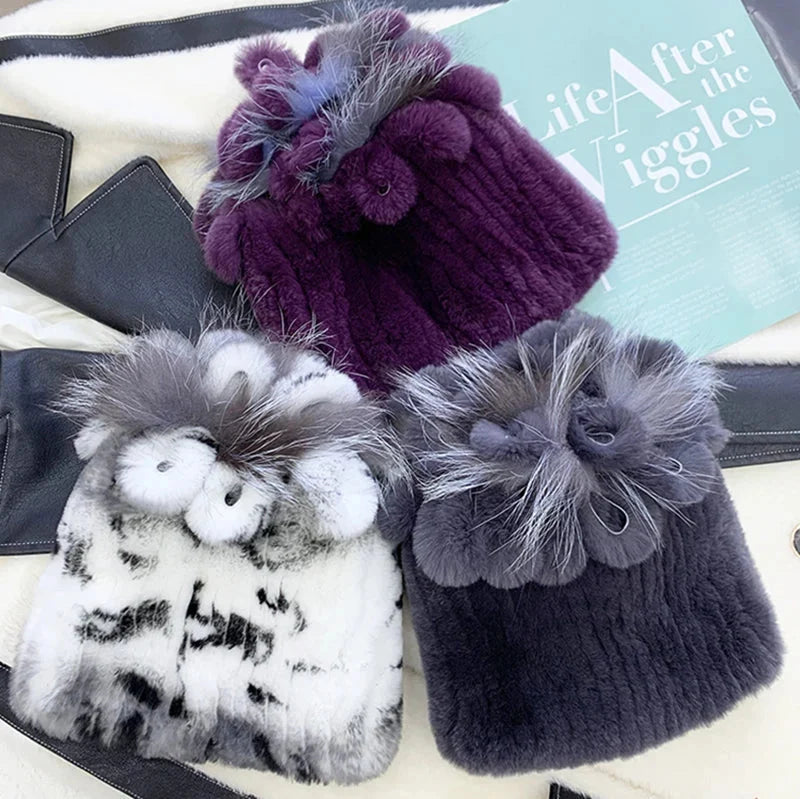 Bonnet avec écharpe en fourrure femme