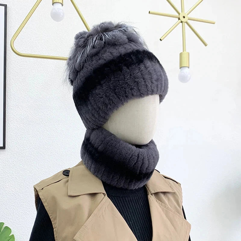 Bonnet écharpe féminin en fourrure