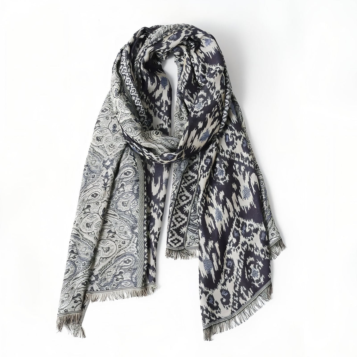Chèche bleu noir avec motifs ethniques
