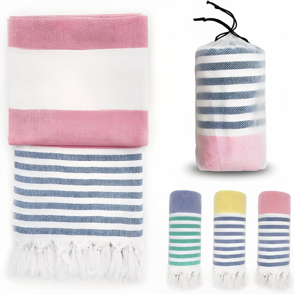 Fouta à rayures en trois couleurs avec franges pour plage