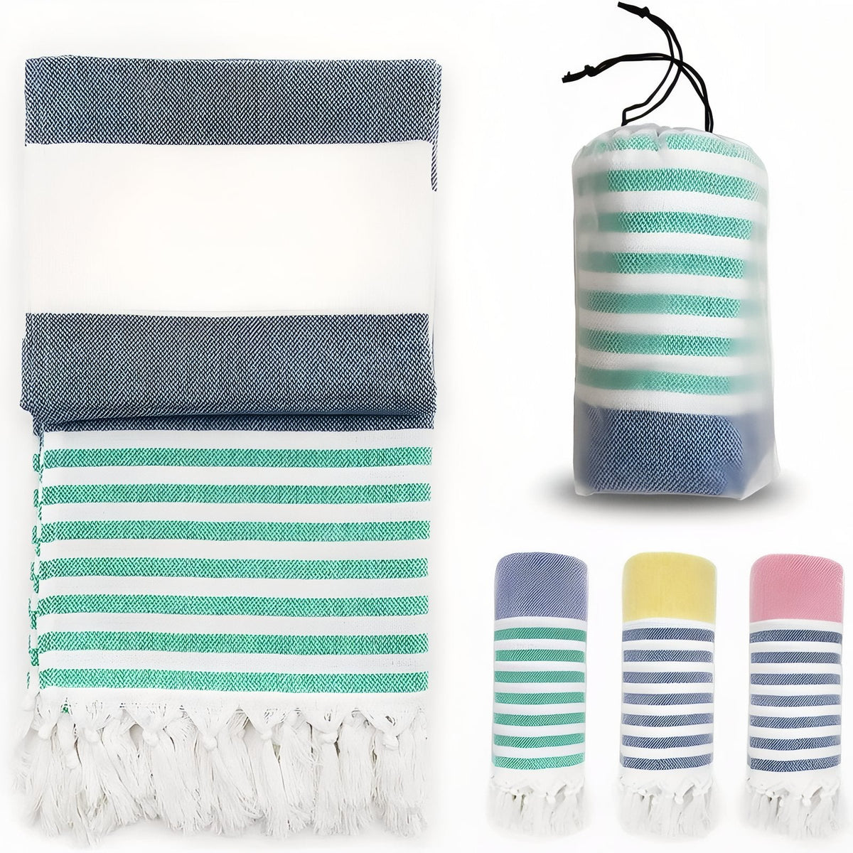 Fouta de plage rayée tricolore à franges