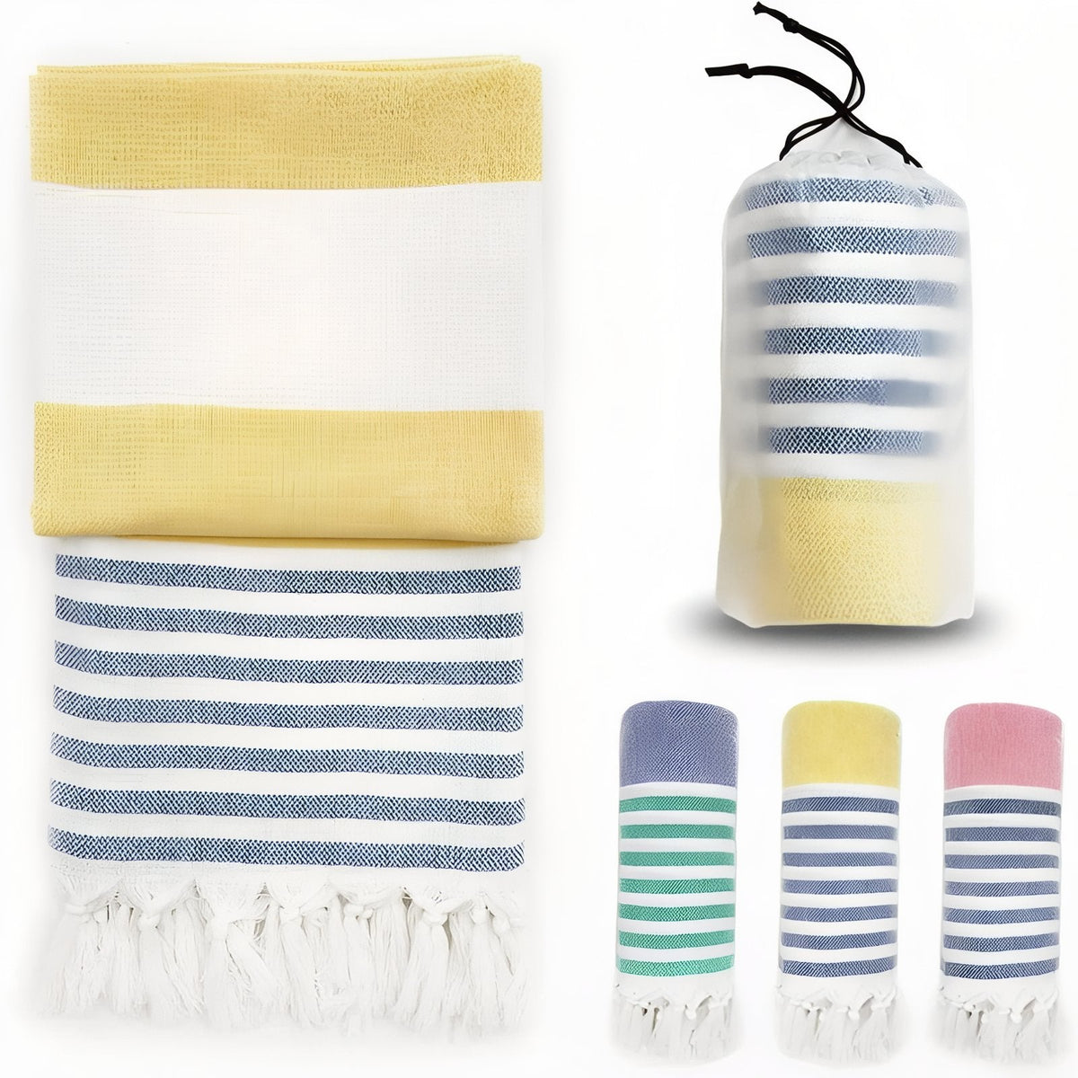 Fouta tricolore à rayures et finitions frangées de plage