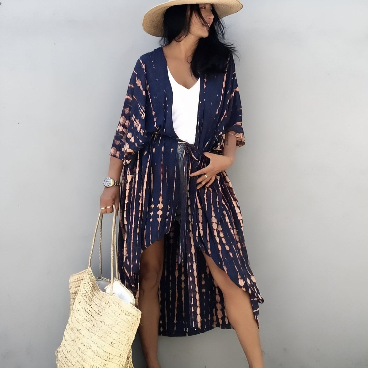 Kimono à motif ligné imprimé de plage