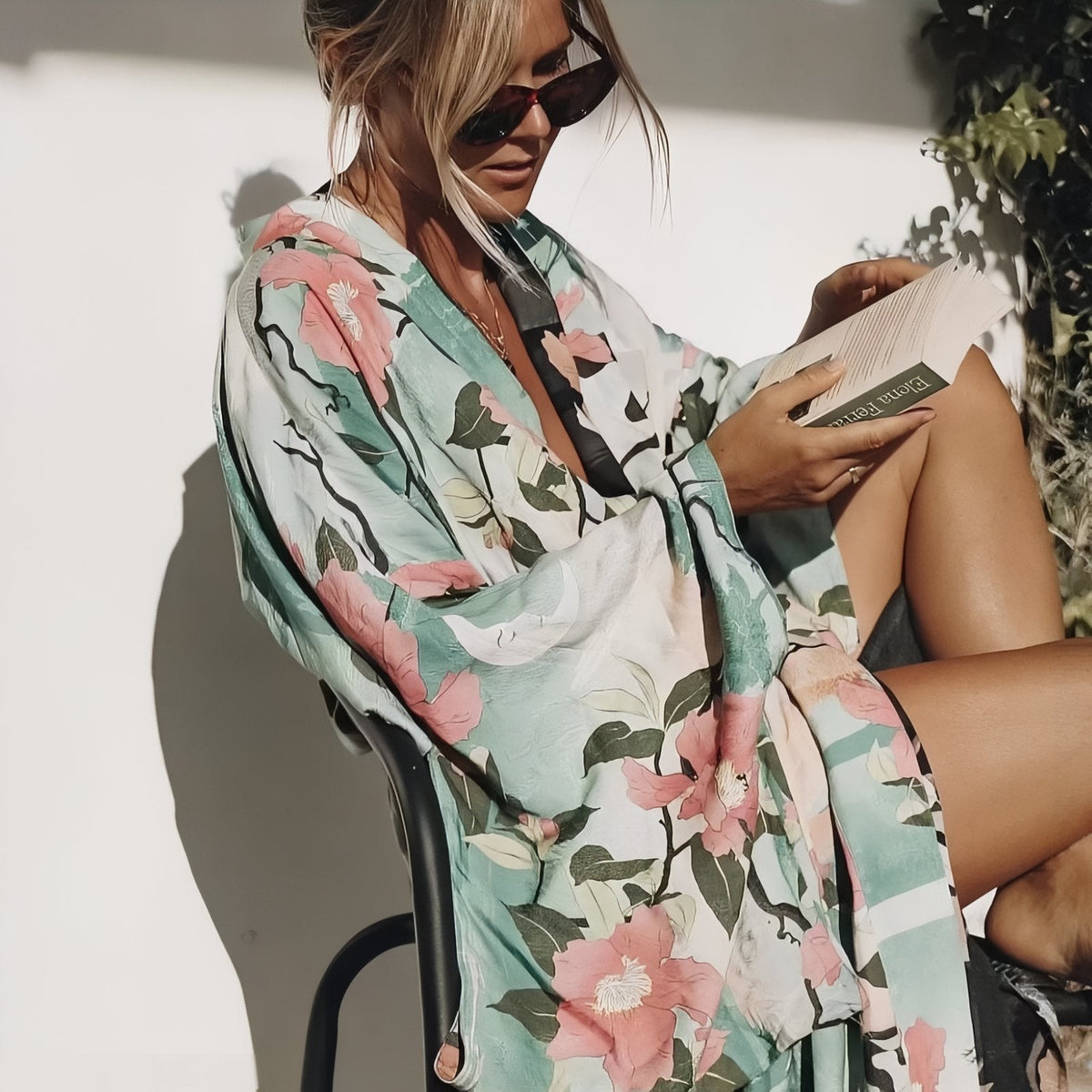 Kimono aux manches larges avec effet floral de plage