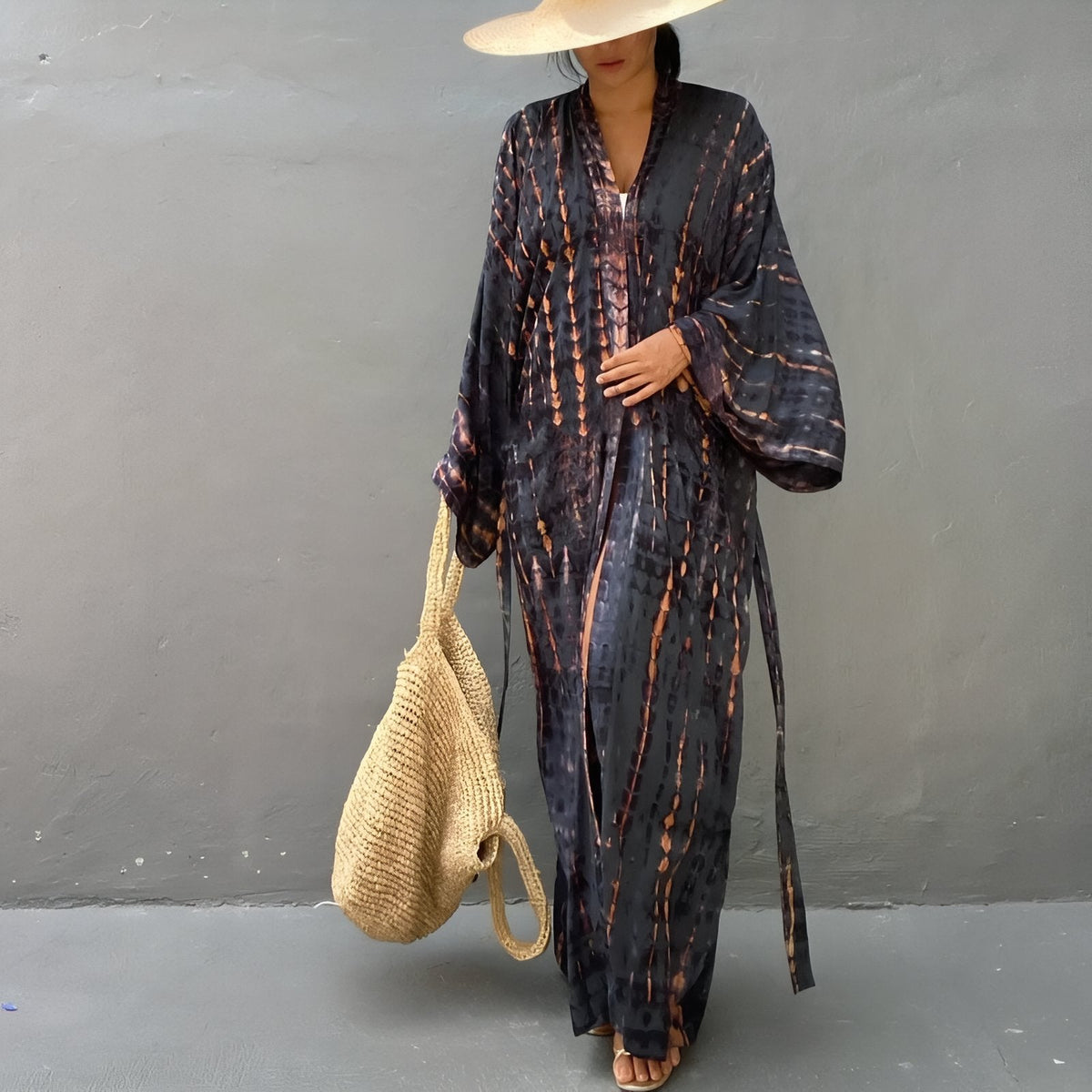 Kimono de plage style tie and dye manches longues
