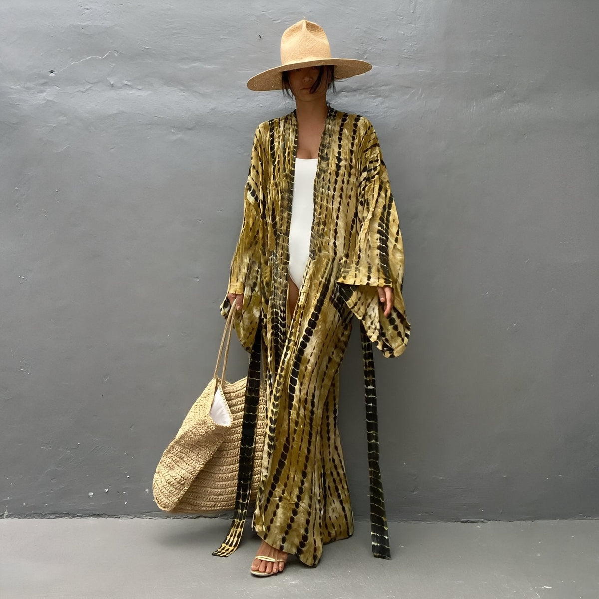 Kimono de plage teint tie and dye à manches longues