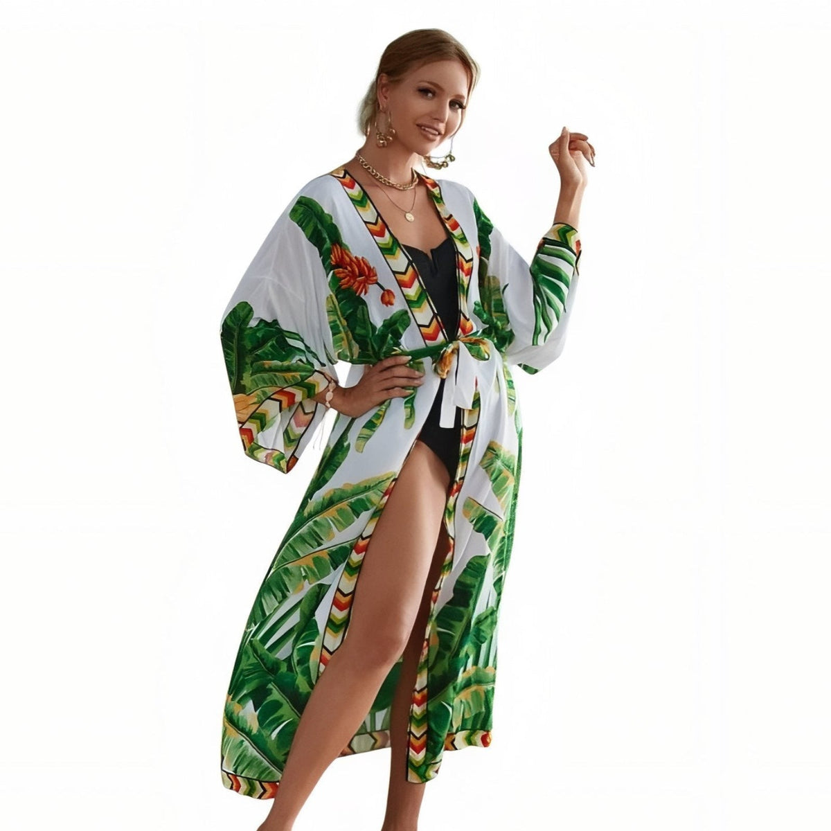Kimono grande taille de plage orné d’un imprimé estival