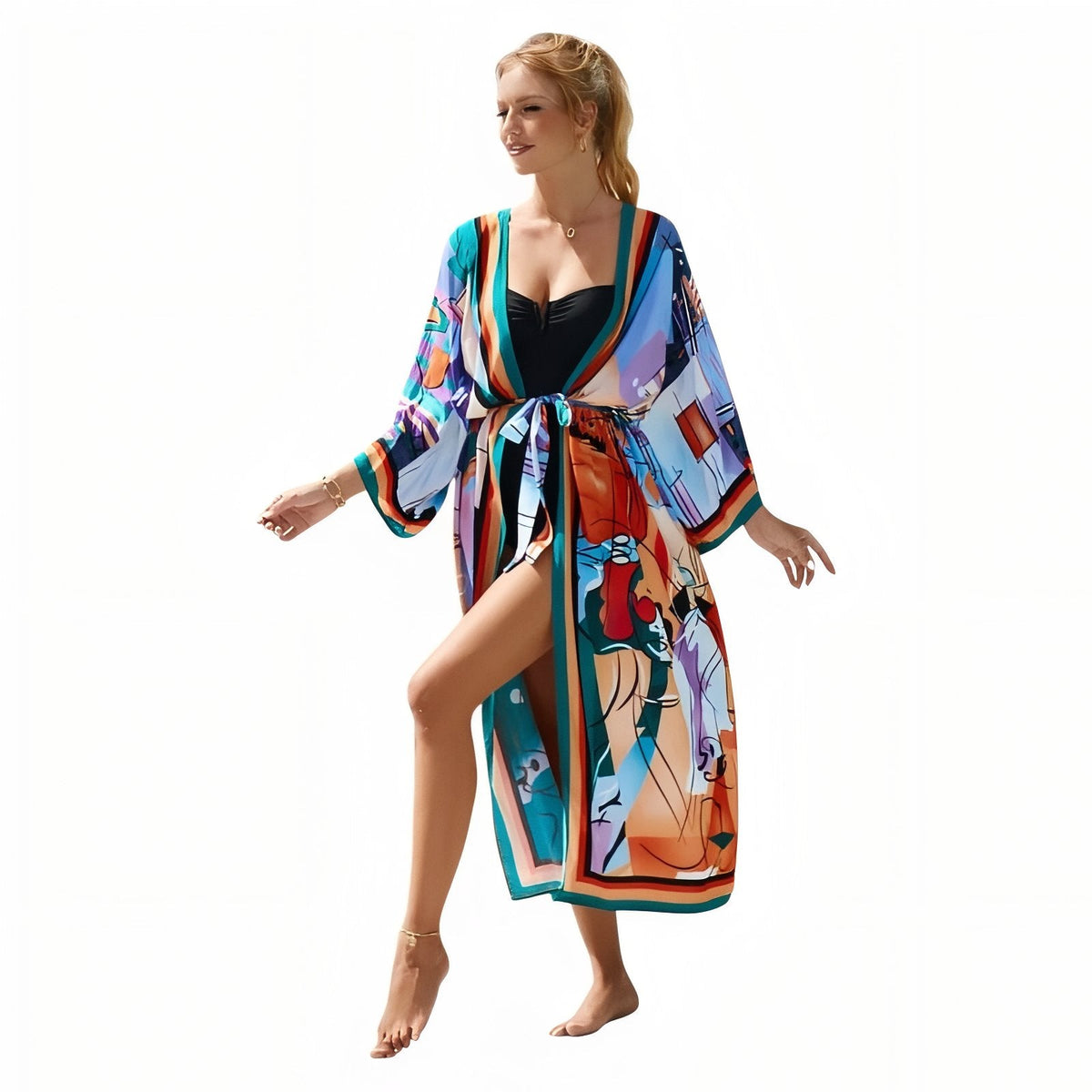 Kimono grande taille imprimé d’inspiration estivale pour la plage