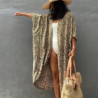 Kimono long de plage au motif léopard