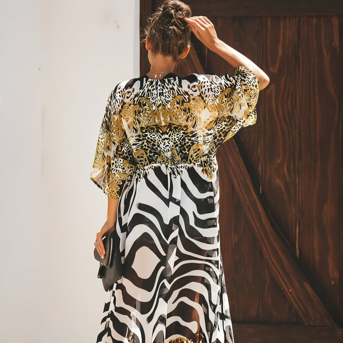 Kimono long de plage aux imprimés léopard et zèbre