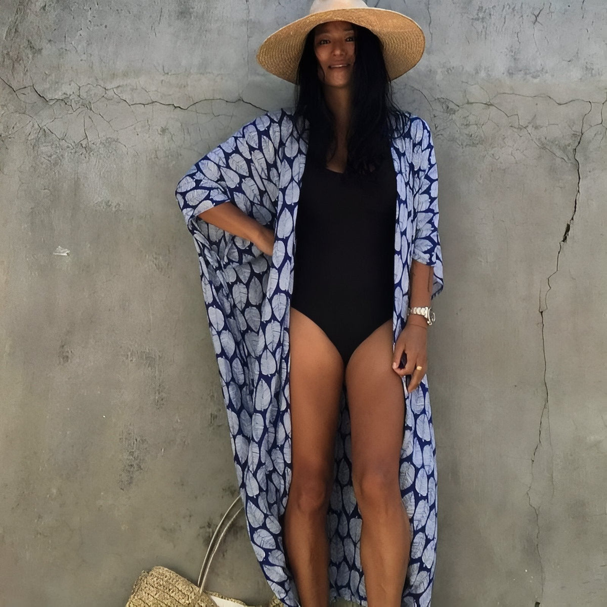 Kimono long de plage avec motif graphique