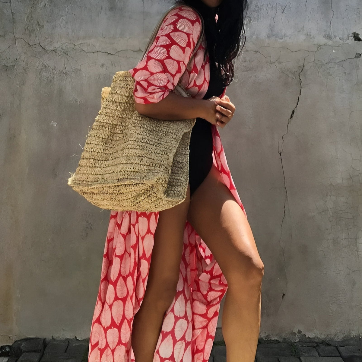 Kimono long pour la plage à imprimé graphique