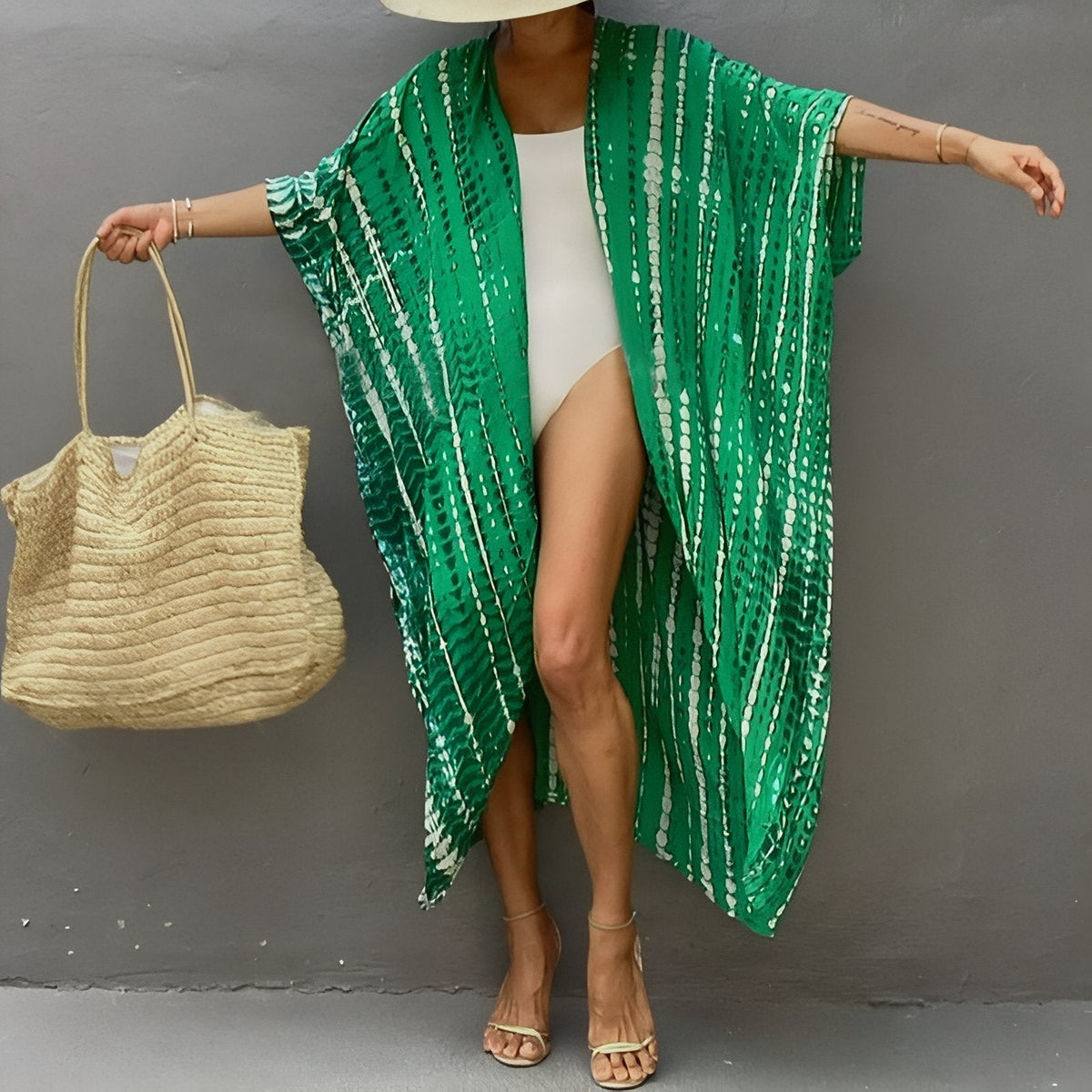 Kimono rayé à motif imprimé de plage
