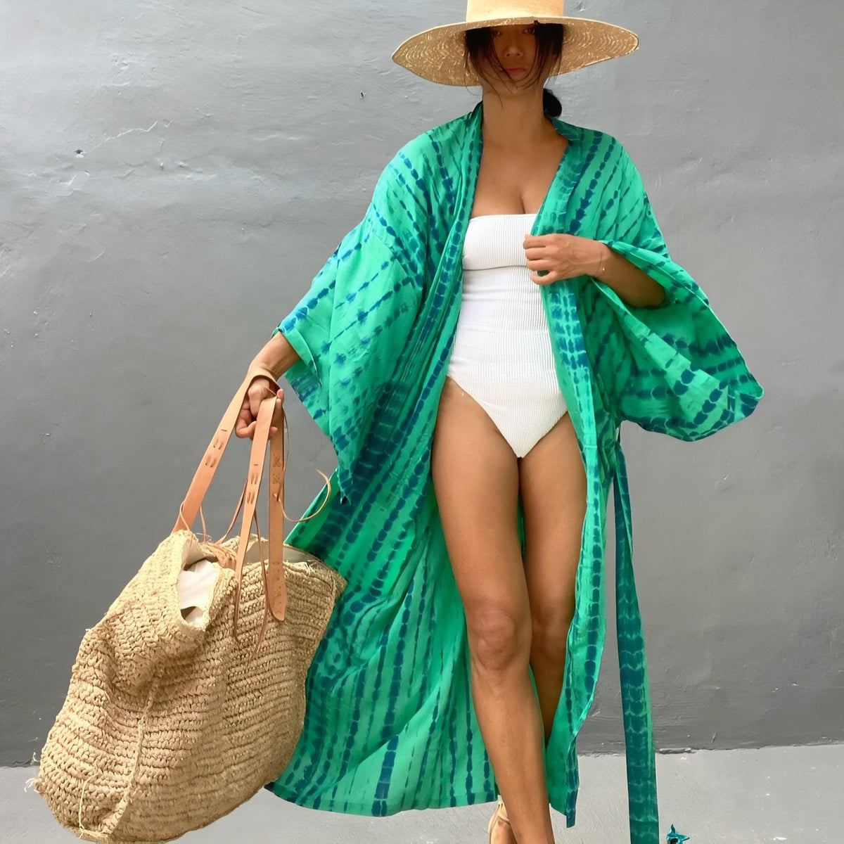 Kimono tie and dye à manches longues pour plage