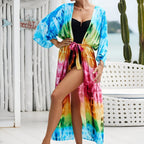 Kimono tie and dye imprimé de lignes manches mi-longues
