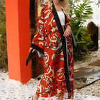 Long kimono ample de plage avec motifs imprimés
