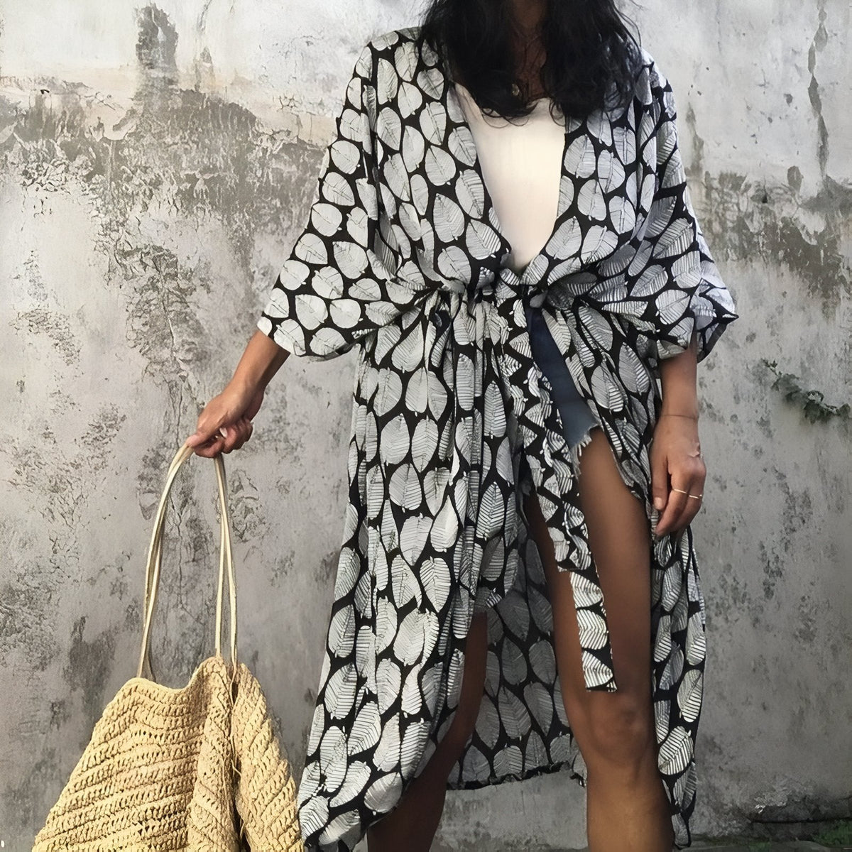Long kimono de plage avec impression graphique
