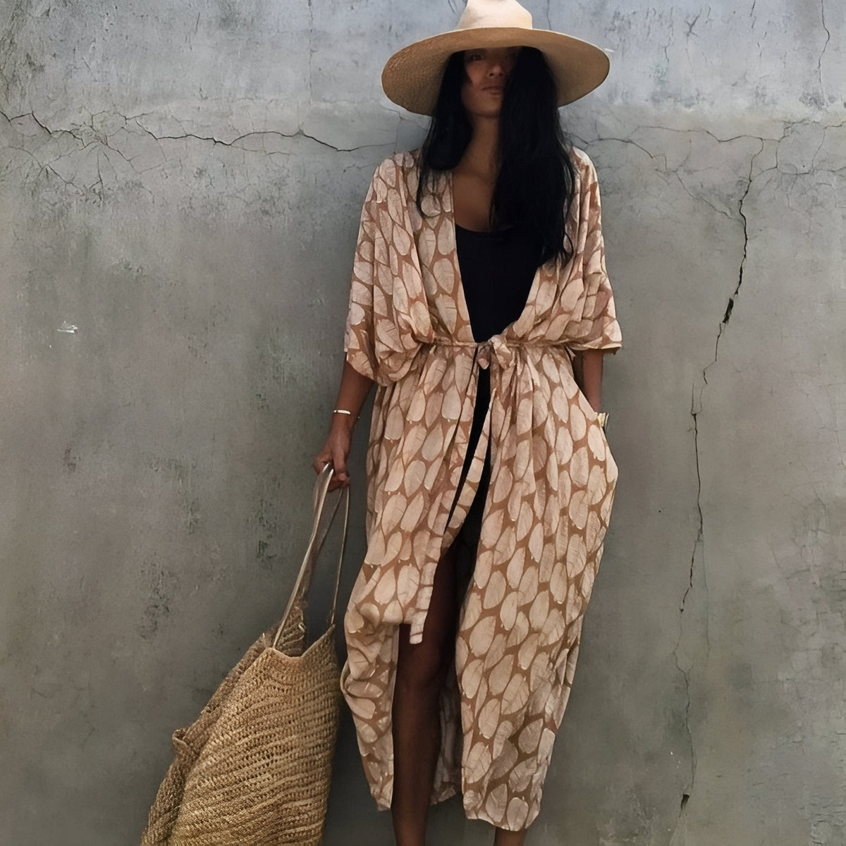 Long kimono imprimé graphique destiné à la plage