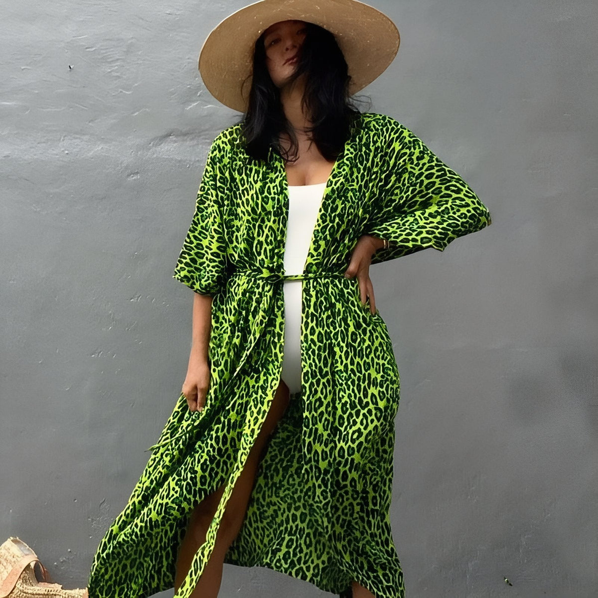 Long kimono pour plage avec imprimé léopard