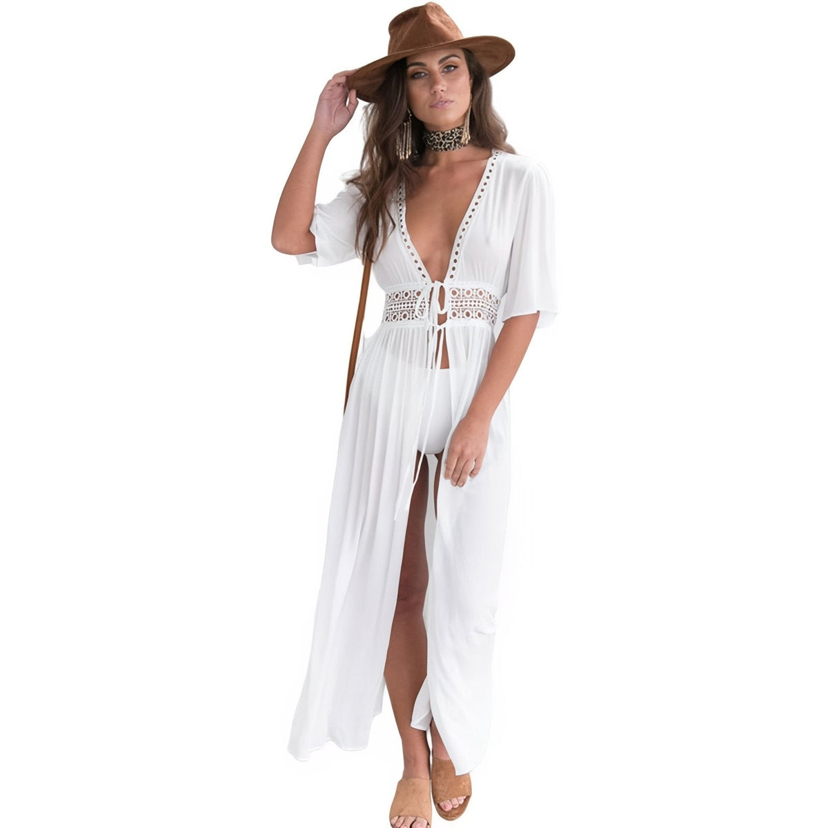 Paréo kimono long en dentelle avec ceinture