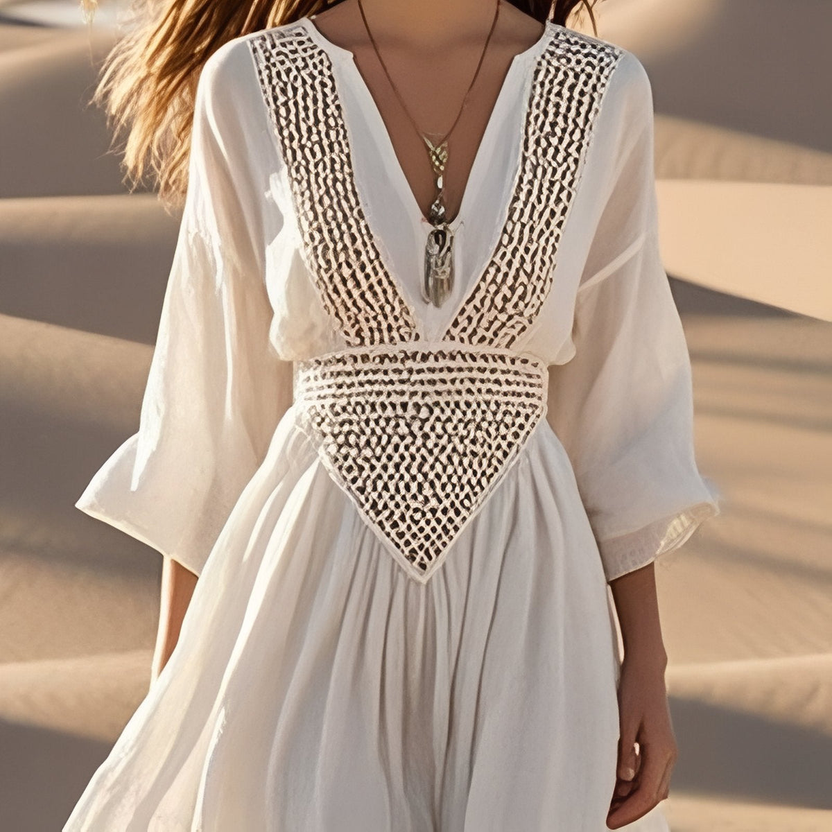 Robe à manches longues et col V de style bohème