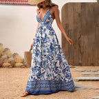 Robe bohémienne longue à motifs fleuris et col V