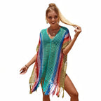 Robe de plage courte en maille crochet multicolore