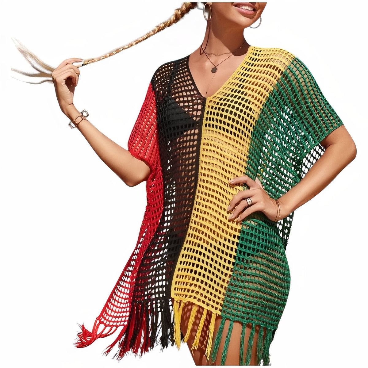 Robe en crochet aux couleurs variées, courte et balnéaire