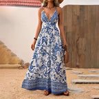 Robe longue bohème avec col V et motifs fleuris