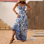 Robe longue fleurie de style bohémien à col V