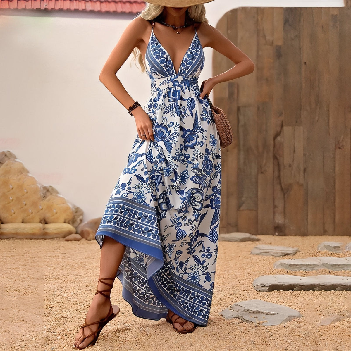 Robe longue fleurie de style bohémien à col V