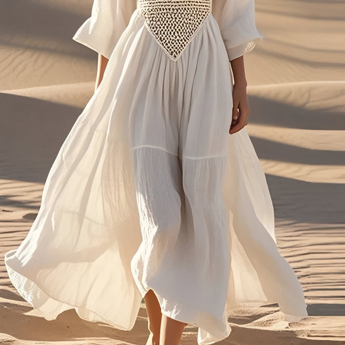 Robe longue style bohème, col V et manches longues