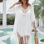 Tunique paréo avec franges de couleur blanche